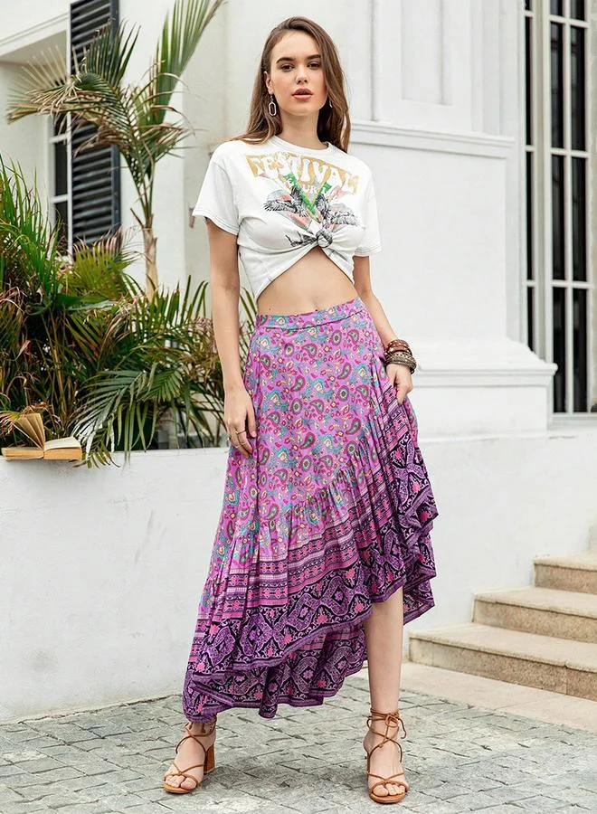 Take Two Women's Floral Printed Asymmetrical Pleated Detail Midi Skirt